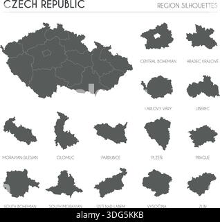 Silhouetten der Tschechischen Republik und leere Landkarte des Landes isoliert auf weißem Hintergrund. Vektorgrafik Stock Vektor