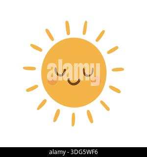 Die Grafik mit der lächelnden Sonne repräsentiert warmes Wetter, fröhliche Klimamotive, positive Stimmungsbilder und kinderfreundliche saisonale Designs Stock Vektor