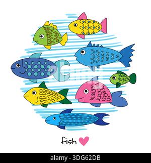 Fischsymbol. Kritzeln Sie niedliche Fische mit kreisförmigem Emblem oder Etikett. Aufkleberdesign. Abstraktes schwimmendes Meerestier. Unterwasser-dekorativer Bewohner. Kindliche Fischschüssel-Vektor-Karikatur flache isolierte Illustration Stock Vektor