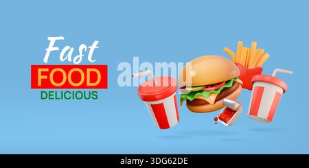 3D Fast Food. Limonade, Snack oder Kaffee im Restaurant, Eiscocktail und Kartoffelchips. Burger zum Mitnehmen oder Cheeseburger. Fliegende Tasse im Kochmenü. Webbanner-Design. Vektorrendern isolierter Elemente Stock Vektor