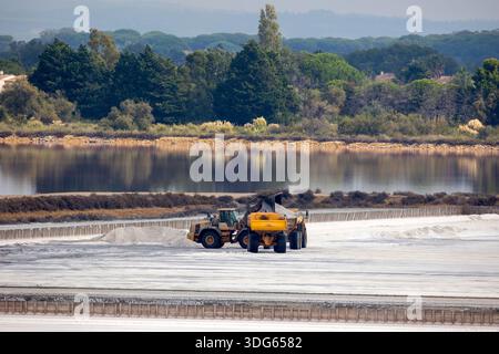 Industrielle Salzproduktion in der Saline von Aigues Mortes Stockfoto
