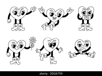 Set aus groovigen Herzfiguren mit verschiedenen Posen und Emotionen, gezeichnet im Retro-Cartoon-Stil, perfekt für Valentinstag, Aufkleber, Drucke und lustige Graps Stock Vektor