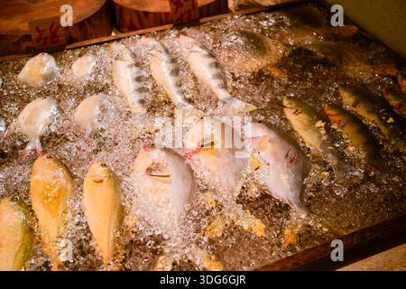 Frischer Fisch auf Eis, ausgestellt an einem Meeresfrüchtemarkt mit verschiedenen Arten sichtbar. Hongkong, China Stockfoto