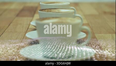 Zeigt drei weiße Kaffeetassen mit Untertassen, die auf dem Kaffeetisch liegen, schaumige Crema, numerische Überlagerung Stockfoto