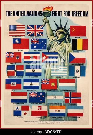 „The United Nations Fight for Freedom“ Poster 1942 Vintage USA amerikanische Propaganda Lithografie Werbung mit Fahnen verbündeter Nationen des Zweiten Weltkriegs mit der Freiheitsstatue im Hintergrund Circa: 1942: der zweite Weltkrieg USA Stockfoto