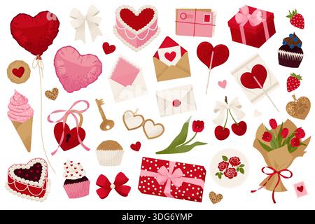 Set Zum Valentinstag. Romantische Coquette-Elemente für Valentinstag, Geburtstage und andere Feiertage. Vektorabbildung Stock Vektor