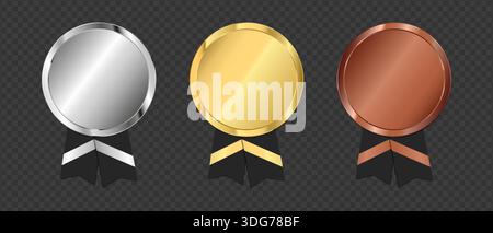Goldene Silber- und Bronzemedaille mit Band-Set, Auszeichnung bei Sportwettbewerben und Geschäftsprojekten für erste Plätze, Zeichen für hohe Produktqualität Stock Vektor
