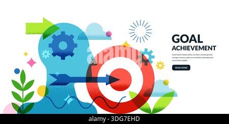 Abstrakter menschlicher Kopf mit Zahnradmechanismus, rotem Ziel und Pfeil. Geometrische Vektorabwicklung. Konzept für Strategie, Zielerreichung, Führung, Stock Vektor