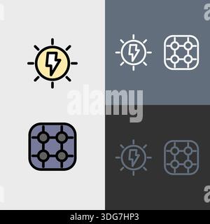 Symbol für nachhaltige erneuerbare Energien oder Clipart-Set – ausgefüllte und umrissene Symbole. Stock Vektor