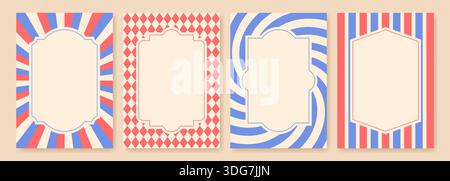 Set aus Retro-Zirkusrahmen mit gestreiftem und geometrischem Hintergrund für Poster und Banner. Vektorabbildung Stock Vektor