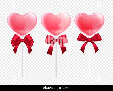 Set aus herzförmigem Lutscher mit Schleife aus rotem Band Stock Vektor