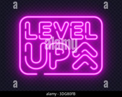 Pinkfarbenes, neonfarbenes Level-Up-Schild mit Pfeilen für Gaming-Erfolge und Fortschrittsthemen. Leuchtender Style sorgt für dynamische Energie. Stock Vektor