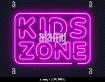 Pinkfarbenes neonfarbenes Zonenschild für Kinder mit freundlicher Schrift, ideal für Spielbereiche und Familienräume. Weiches Leuchten sorgt für eine lustige und sichere Atmosphäre. Stock Vektor