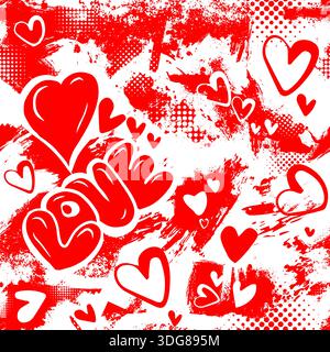 Nahtloser Valentinstag Hintergrund mit Blots und Herzen. Handgezeichnet. Nicht AI, Vektordarstellung. Stock Vektor