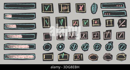 Handgezeichnete Häkchen und Kreuzsymbole im Skizzenstil. Kritzeln Sie Kästchen, Kreise und Bleistiftsymbole für Listen und Abstimmungsdesigns. Grunge Kreide Stock Vektor