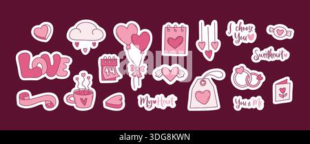 Niedliches Rosafarbenes Aufkleberpaket Zum Valentinstag. Love Doodles, Zitate und Heart Elements Kollektion. Isolierte Romantische Hand Gezeichnet. Vektorabbildung. Nicht AI Stock Vektor