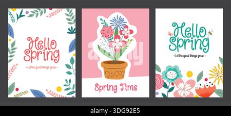 Hello Spring Gruß Karte Poster Set Clipart. Frühlingsgrüßungstext mit farbenfrohen Zeichenblumen und Blumentopf-Dekorationselementen Clip-Art Stock Vektor
