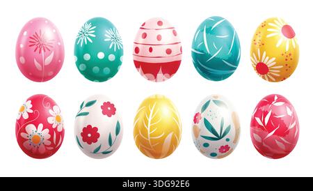Eater Eies farbenfrohes Clipart Set. 3D farbenfrohe Ostereierklemme mit Blumenzeichnung, Farbe, Muster und gedruckten Elementen für traditionelle Zwecke Stock Vektor