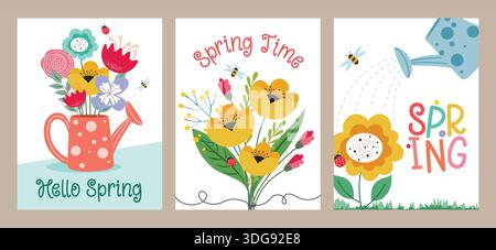 Posterset für die Frühjahrsgrußkarte Clipart. Grußtext für den „Hello Spring“ mit farbenfroher Zeichnung, Blumenstrauß und Clip-Art für die Saisonvorlage Stock Vektor