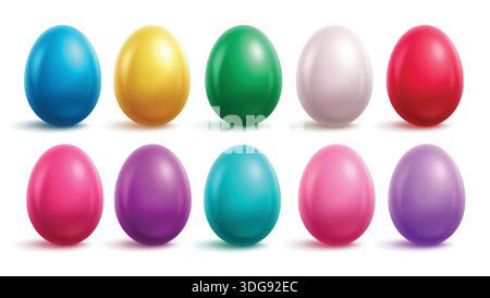 Ostereier farbenfrohe Set Clipart. Farbenfrohe 3D-Bildersammlung mit Eierclips in glänzenden, glänzenden und einfarbigen kugelförmigen Elementen Stock Vektor