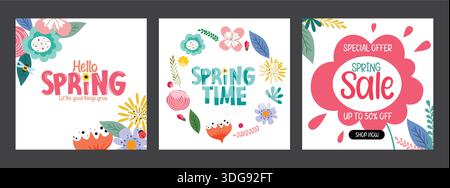 Frühlingsgrußkarten-Set Poster Clipart. Text-Clip-Art mit abstrakten, bunten Blumen für die Begrüßung im Frühjahr und Frühling für die Saison Stock Vektor