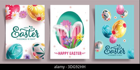 Happy Easter Grußkarte Clipart-Poster-Set. Ostereierjagd Banner Vorlage Clip Art Kollektion mit bunten Eiern und Hasenohren Dekoration Stock Vektor