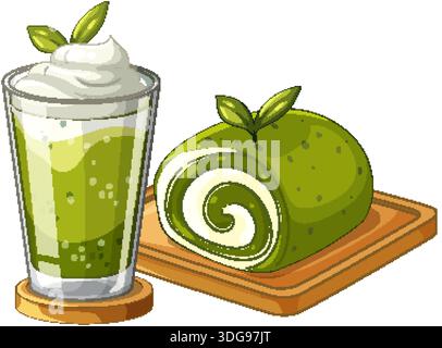 Vektor-Illustration eines grünen Tee Latte mit Schlagsahne neben einem Matcha Roll Kuchen Stock Vektor