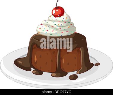 Vektor-Illustration eines Schokoladendesserts mit tropfender Soße, Schlagsahne und Streuseln Stock Vektor