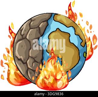 Vektor-Illustration der Erde halb brennend, halb zerrissenes Dürreland, symbolisiert die Krise des Klimawandels Stock Vektor