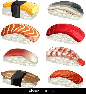 Detaillierte Vektorsymbole verschiedener Nigiri-Sushi einschließlich Lachs, Thunfisch, Garnelen und Eieromelett Stock Vektor