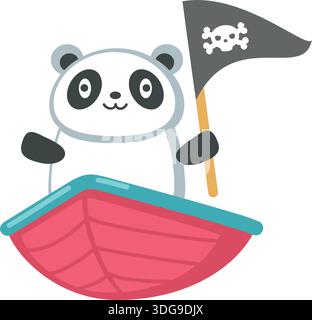Panda Piratenvektor. Niedlicher Bärensegler im Boot-Symbol. Lustiger Tierbabys, der in der Schiffsillustration auf weißem Hintergrund schwimmt Stock Vektor