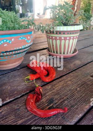 chili Paprika auf einem Holztisch mit Blumentöpfen im Hintergrund auf der Insel Kreta (Griechenland) Stockfoto
