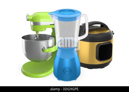 Moderne Küchengeräte einschließlich Mixer, Standmixer und Multi-Herd isoliert auf weißem Hintergrund für Kochkonzept. Stockfoto