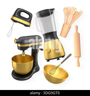 Küchengeräte und -Utensilien einschließlich Standmixer, Mixer und Holzwerkzeuge, isoliert auf weißem Hintergrund, Konzept der Backwerkzeuge Stockfoto
