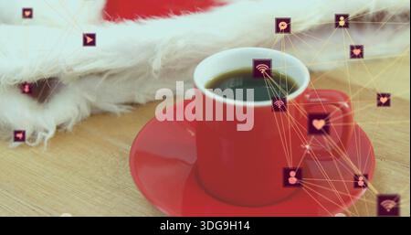 Sitzende rote Keramikschale mit Untertasse und weißem Fell auf Holztisch mit lila Netzwerksymbolen Stockfoto