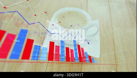Weiße Keramikschale auf Untertasse auf Holztisch mit rot-blauen 3D-Balken, Linie, Gitterüberlagerung Stockfoto
