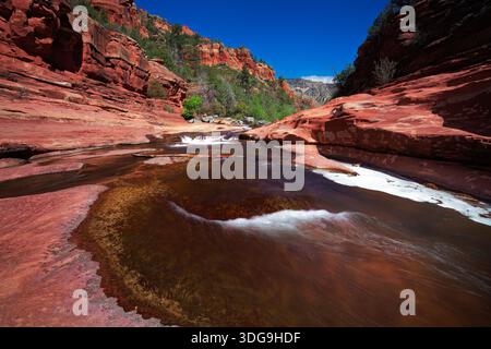 Slide Rock State Park in Sedona, Arizona, mit roten Sandsteinmauern und fließendem Oak Creek unter klarem blauem Himmel. Stockfoto