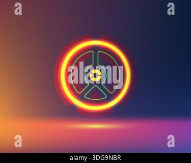 Das Emblem mit leuchtender, futuristischer Neontechnologie verfügt über leuchtende gelbe und grüne Ringe mit geometrischem Kern gegen einen glatten Farbverlauf in Blau und Orange Stock Vektor