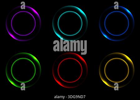 Set aus sechs leuchtenden Neon-Ringen in verschiedenen Farben auf schwarzem Hintergrund für futuristische technische Designs und moderne Gaming-Schnittstellen Stock Vektor