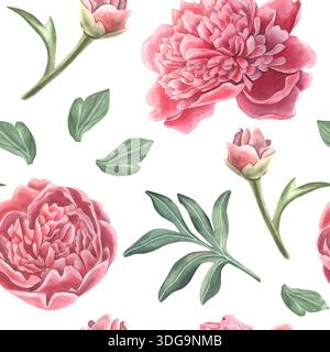 Nahtloses Muster mit rosafarbenen Pfingstrosenblüten, Knospen, Blättern. Handgemalte Aquarellillustration isoliert auf weiß für Textilien, Verpackungen, Schreibwaren Stockfoto