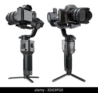 3-Achsen-Gimbal-Stabilisierungssystem mit nicht vorhandener spiegelloser Kamera, isoliert auf weißem Hintergrund. 3D-Rendering und Illustration professioneller Fotogr Stockfoto