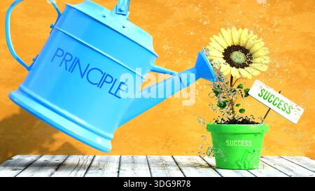 Prinzip gibt Erfolg. Eine Metapher, in der das Prinzip die Macht ist, die Erfolg zum Wachstum bringt. Das gleiche wie Wasser ist wichtig, damit die Blumen blühen. Nein Stockfoto