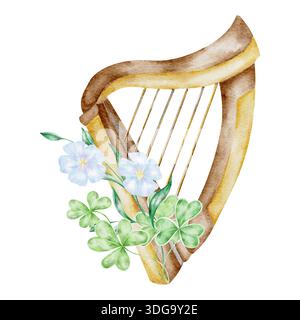 Traditionelle irische Harfe mit grünen Schamrock- und blauen Flachsblüten, handgemalte Clipart in Aquarellen. Ideal für Poster zum St. Patricks Day, Musik-Designs, kulturelle Veranstaltungen, Einladungen Stockfoto