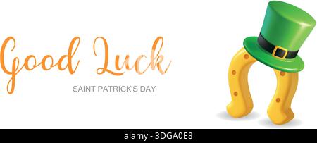 Viel Glück. St. Patricks Day Banner mit goldenem Hufeisen und Leprechaun Hut Stock Vektor