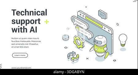 Webbanner für technischen Support mit KI. Vorlage für isometrische Vektorgrafiken für Kundenservice-Chatbot. Modernes Design mit Roboter, Chat für Onli Stock Vektor