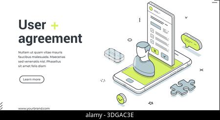 Webbanner für Benutzervereinbarung. Vorlage für isometrische Vektorabbildungen mit Smartphone und Vertragsformular. Für Online-Nutzungsbedingungen und Datenschutzrichtlinien Stock Vektor