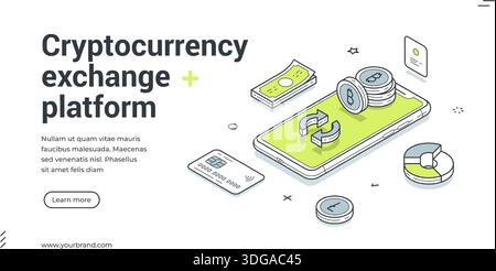 Isometrisches Webbanner für Kryptowährungs-Exchange-Plattform. Vektor-Illustration Vorlage mit Smartphone, Bitcoin für Kryptohandel und Blockchain tec Stock Vektor