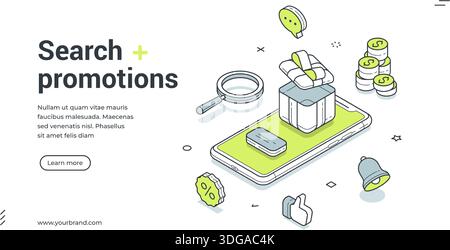 Webbanner für Suchaktionen und Online-Shopping. Isometrische Vektorillustration eines Treueprogramms mit Smartphone, Geschenkbox und Bonusmünzen. Stock Vektor