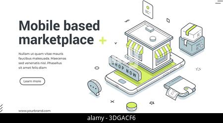 Webbanner-Vorlage für eine mobile Marketplace-Site. Isometrische Vektorillustration von Online-Shopping und E-Commerce. Modernes Design mit Smartphone, Ladengeschäft Stock Vektor