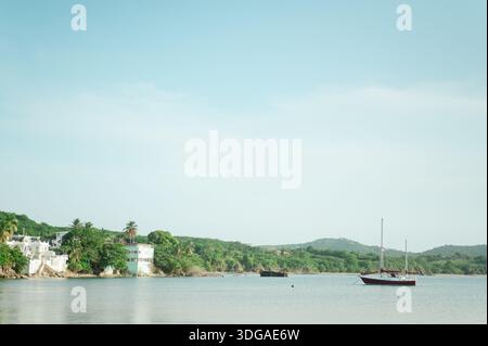 Segelboot vor Anker in der Nähe der üppigen Küste und Gebäude in Vieques Stockfoto